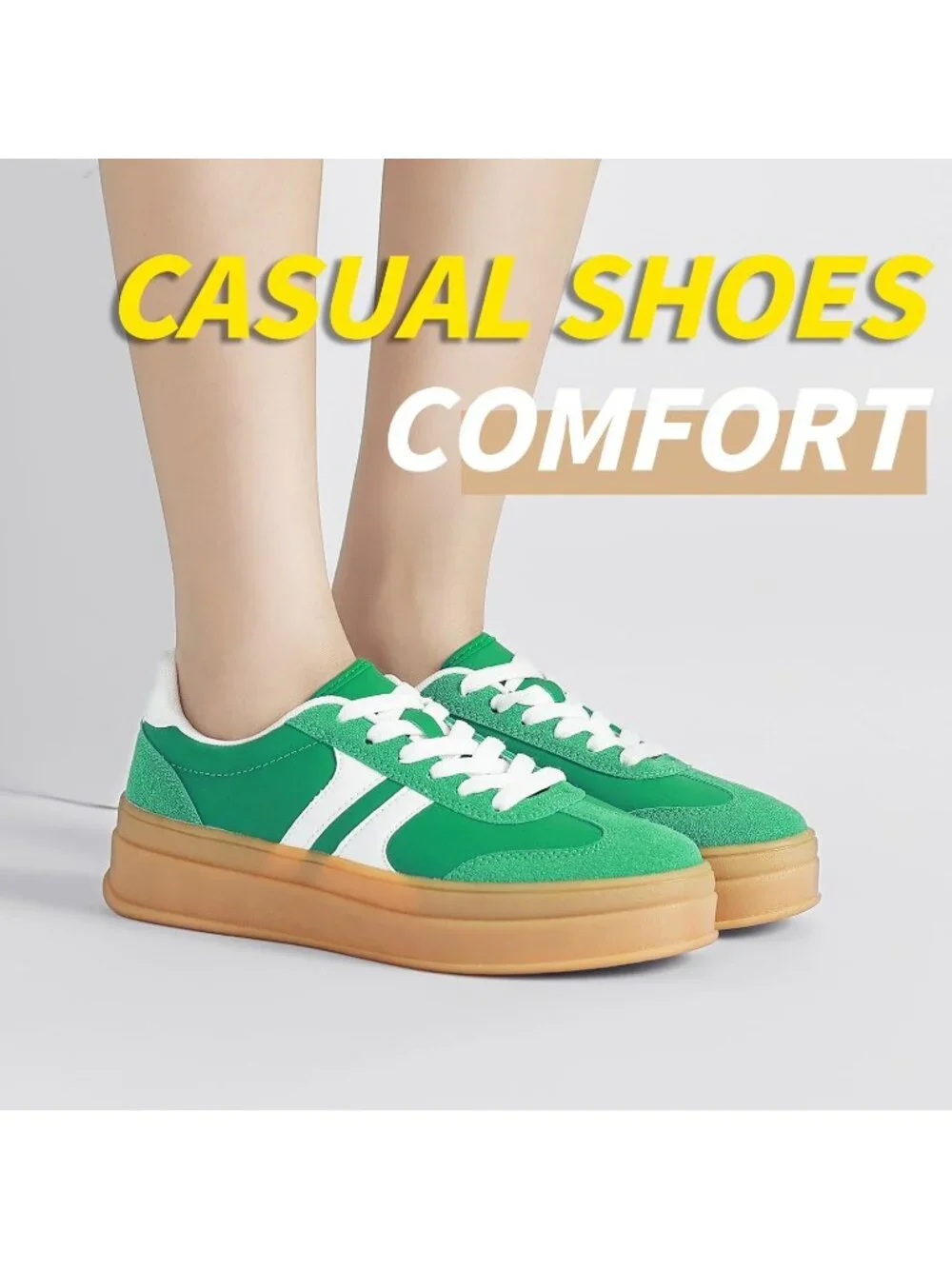 🆕Women's Green White Gum Sole Fashion Sneakers Thick Platform Sole Rubber Shoes